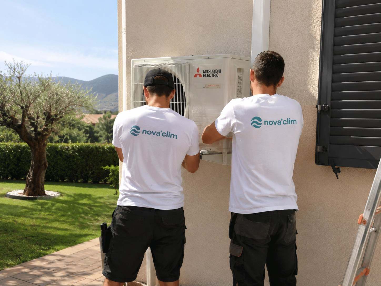 Deux techniciens Nova’Clim en t-shirt à la marque, de dos, posant un groupe extérieur Mitsubishi Electric sur la façade d’une villa, olivier et collines en arrière-plan.