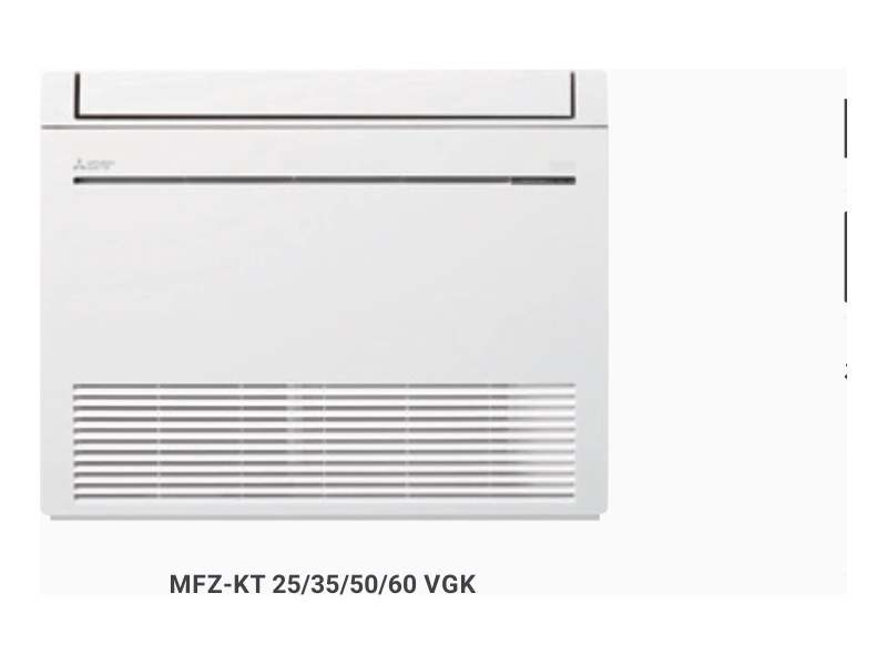 Console Mitsubishi Electric MFZ-KT posée en bas d’un mur clair, à côté d’un canapé écru.