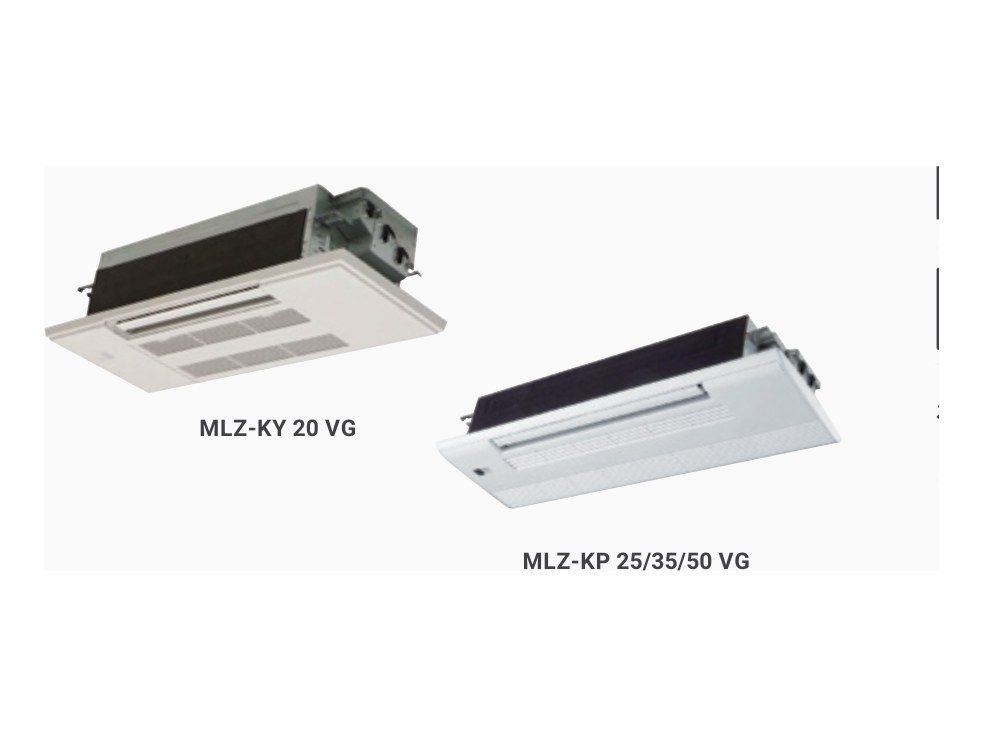 Cassette 1 voie Mitsubishi Electric MLZ-KP encastrée dans le plafond d’un bureau, façade rectangulaire affleurante.