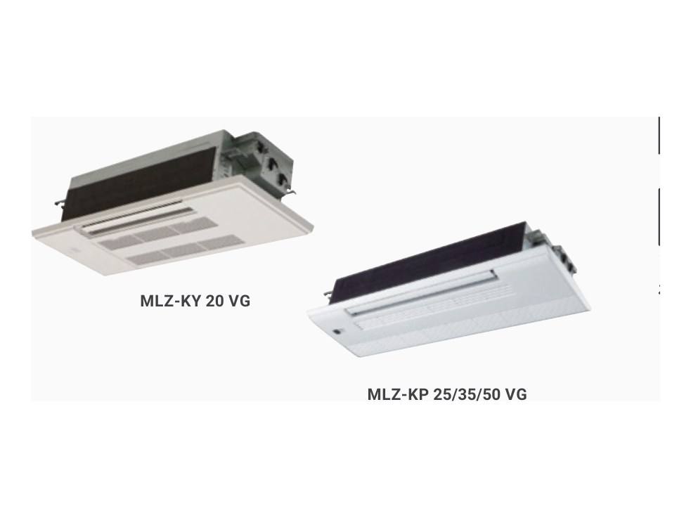 Cassette 1 voie Mitsubishi Electric MLZ-KP encastrée dans le plafond d’un bureau, façade rectangulaire affleurante.