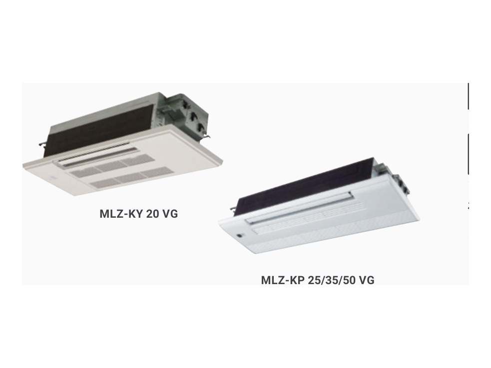 Cassette 1 voie Mitsubishi Electric MLZ-KP encastrée dans le plafond d’un bureau, façade rectangulaire affleurante.