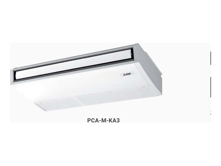 Plafonnier Mitsubishi Electric PCA-M fixé sous le plafond d’une boutique, appareil apparent soufflant dans la longueur.
