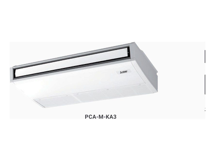 Plafonnier Mitsubishi Electric PCA-M fixé sous le plafond d’une boutique, appareil apparent soufflant dans la longueur.