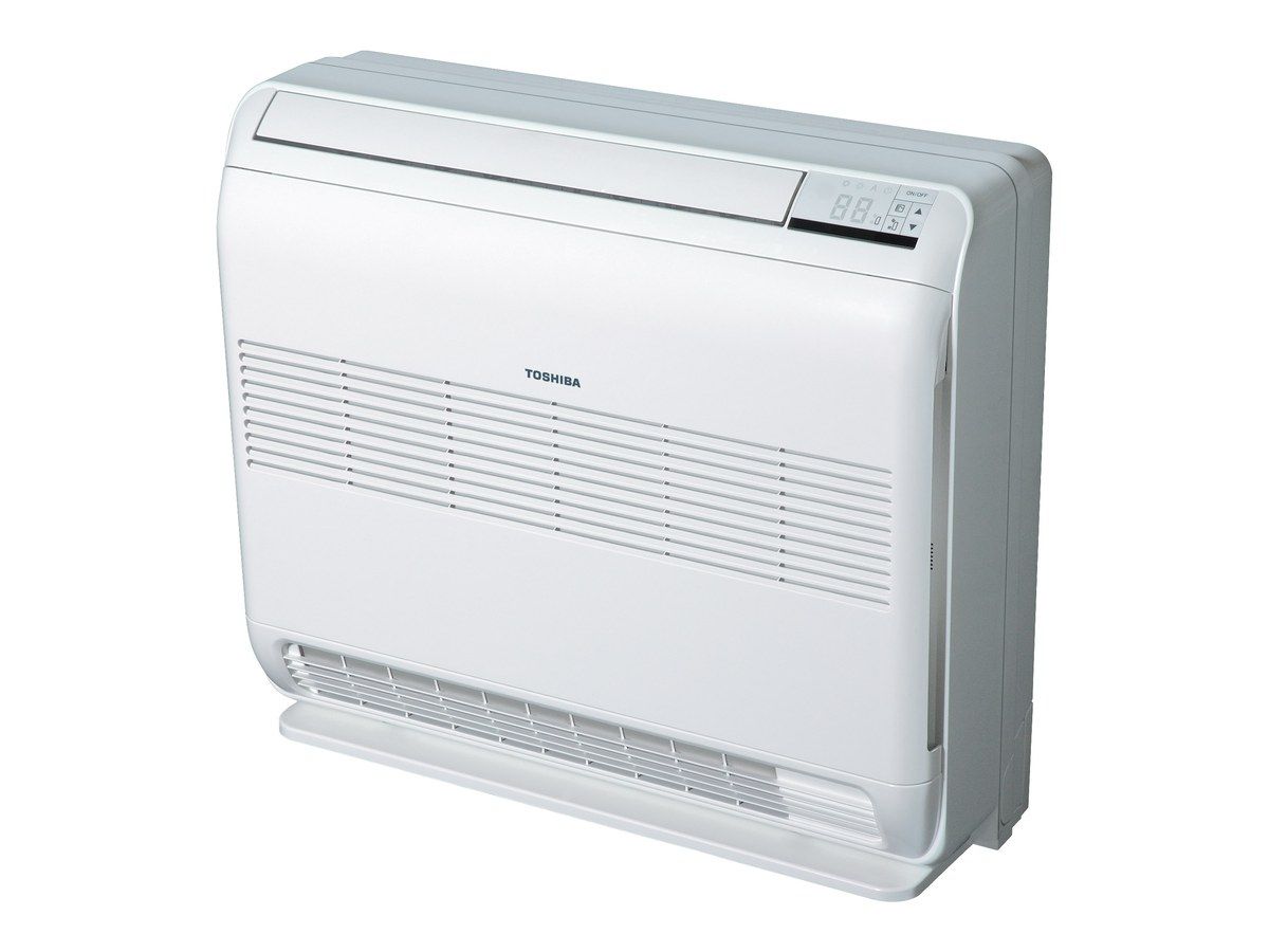 Console Toshiba double flux blanche, vue de trois quarts sur fond blanc.