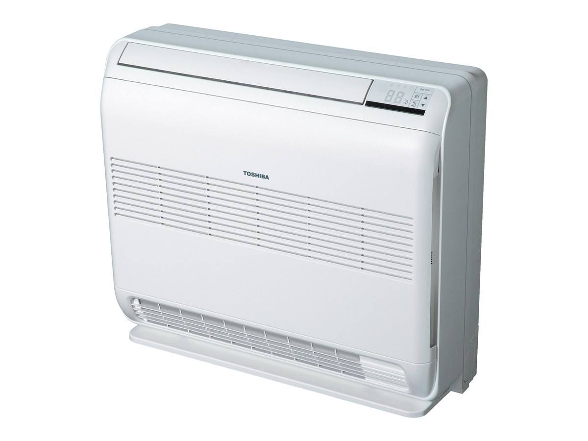 Console Toshiba double flux blanche, vue de trois quarts sur fond blanc.