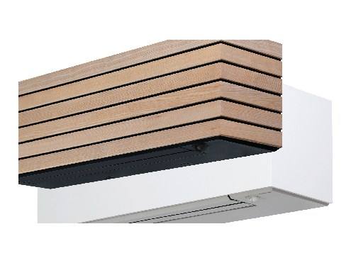 Unité murale Toshiba Super Daiseikai à habillage bois, vue de trois quarts sur fond blanc.