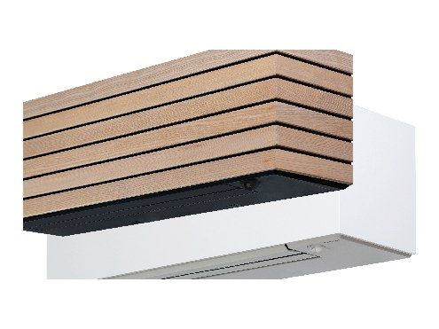 Unité murale Toshiba Super Daiseikai à habillage bois, vue de trois quarts sur fond blanc.