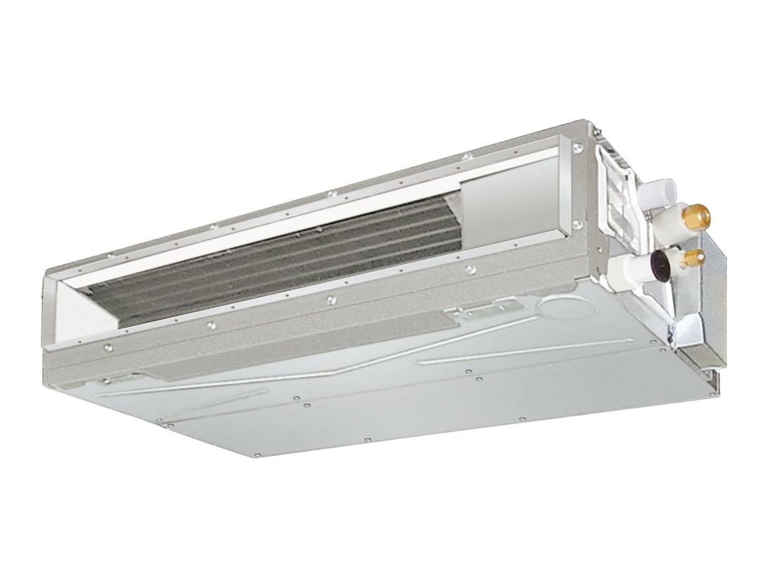 Caisson gainable Toshiba, vue de trois quarts sur fond blanc, raccords apparents.