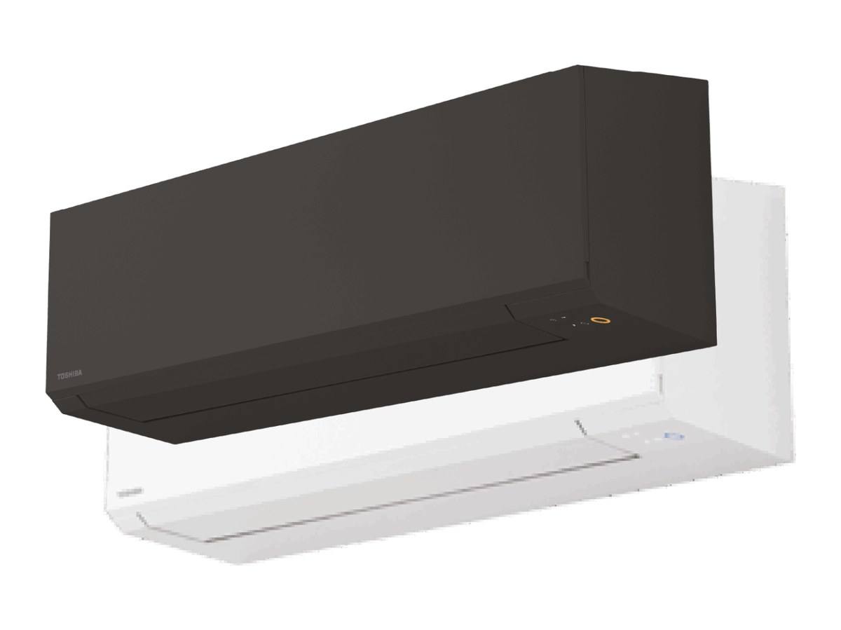 Unité murale Toshiba Shorai Edge, façades blanche et noire, vues de trois quarts sur fond blanc.